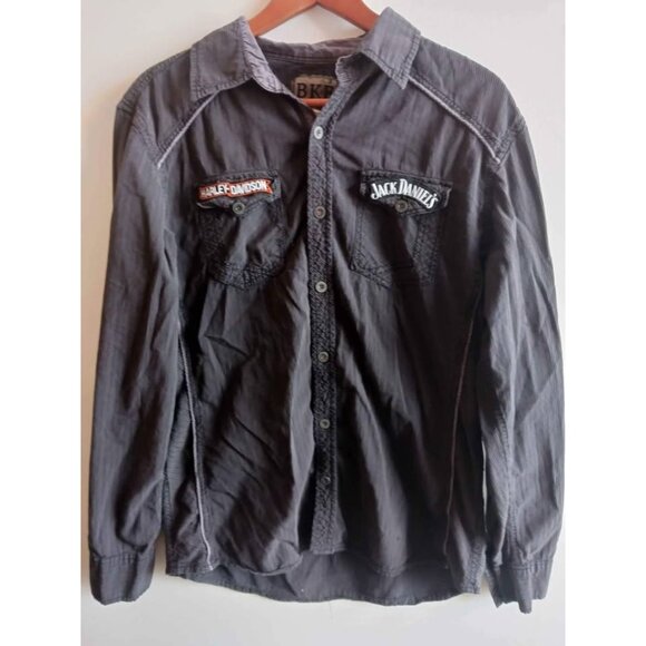 BKE Mens Athletic Fit Black Striped Button-Down Shirt With Harley-Davidson. L - Picture 2 of 7